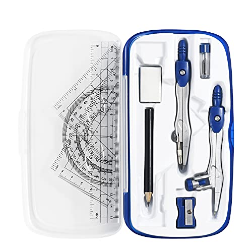 Vobou Math Geometry Kit Sets 10 Piece Student Supplies with Shatterproof Storage Box,Includes Rulers,Protractor,Compass,Eraser,Pencil Sharpener,Lead Refills,Pencil,for Drafting（Navy Blue） - color: Navy Blue