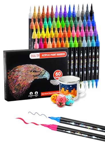 Brled 60 Colors Acrylic Paint Markers, Dual Tip Acrylic Paint Pens with Brush and Fine Tips for Adults, Easter Egg, Wood, Canvas, Stone, Rock Painting, Glass, Ceramic Surfaces, DIY Crafts Making