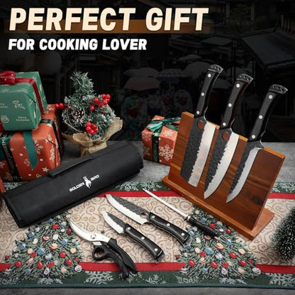 Golden Bird Japanese Chef Knife Set with Roll Bag, Hand Forged Butcher Knife Set for Meat Cutting, Outdoor BBQ Knives for Men, Christmas Gifts for Men Women - size: 8.07inches