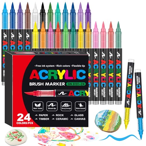 24 Colors Soft Brush Tip Acrylic Markers Set, Paint Pens for Rock, Wood, Fabric, Canvas, Glass, DIY Crafts, Waterproof Paint Markers, Vibrant Acrylic Pens for Artists and Art Projects - style: 24 colors