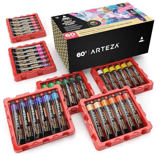 ARTEZA Acrylic Paint Set, 60 Colors in 22 ml Tubes, High-Viscosity Acrylic Paints with 5 Metallic Colors for Canvas, Wood, Paper, Mixed Media, Blending, Layering, and Texture - style: Set of 60 Colors (22 ml Tubes)