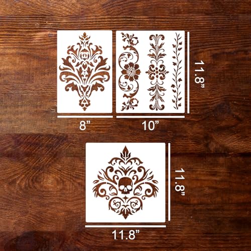 Damask Stencils for Walls 12inch Corner Border Stencil Large Texture Stencils Mixed Medium Layering Templates for Painting on Walls Furniture Canvas Fabric - style: Damask