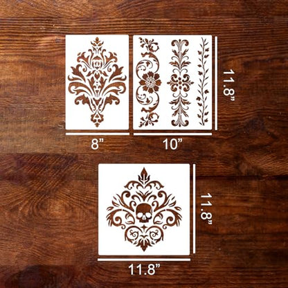 Damask Stencils for Walls 12inch Corner Border Stencil Large Texture Stencils Mixed Medium Layering Templates for Painting on Walls Furniture Canvas Fabric - style: Damask