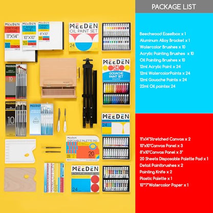 MEEDEN Professional Art Supplies - 142PCS All-in-one Painting Kits for Adults, Beechwood Easel, Aluminum Alloy Bracket, 30 Quality Brushes, 96 Paints & Other Professional Art Supplies. - size: 142pcs