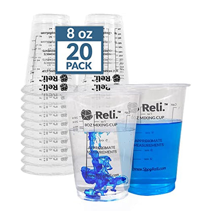 Reli. 8 oz Paint Mixing Cup/Resin Mixing (20 Pcs) | Disposable Measuring Cups | Clear Plastic Measures | Use for Paint, Epoxy Resin, Pigments (8oz)