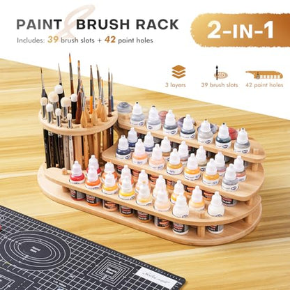 golden maple Bamboo Paint Organizer & Brush Holder 2-in-1, 3-Tier | 42 Paint Bottle Holes, 39 Paint Brush Slots, Desktop Storage Rack, For Miniature Model Painting & Art Crafts