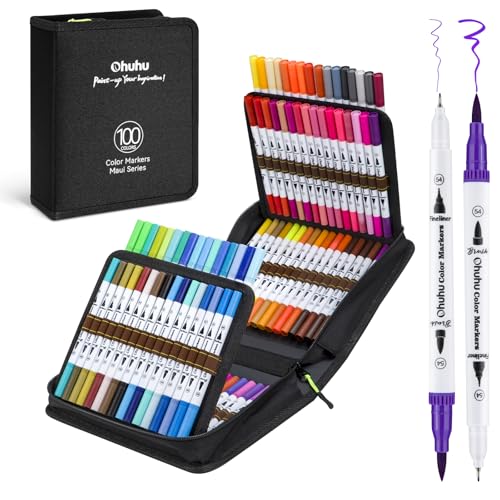 Ohuhu Markers for Adult Coloring Books No Bleeding 100 Colors Water-based Dual Tips Fineliner & Brush Coloring Markers for Kids Adults Beginners Drawing Pens for Journaling Lettering - Maui - White - color: White Pen, size: 1 Count (Pack of 100)