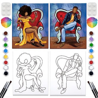 VALLSIP 2 Pack Paint and Sip Canvas Painting Kit Pre Drawn Canvas for Painting for Adults Stretched Canvas Couples Games Date Night Afro Elegant Gentleman and Lady Couple Paint Party Supplies Favor - style: Painting Kit