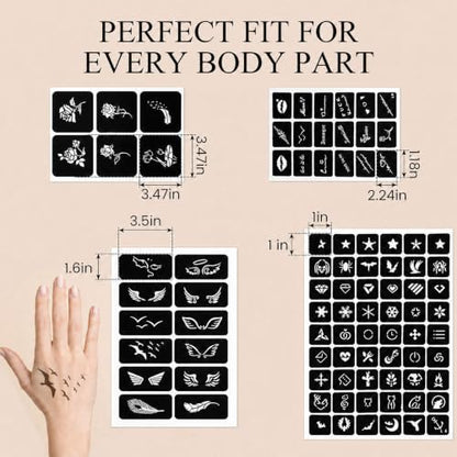 Koogel 524PCS Henna Tattoo Stencil Kit with Pen, Reusable Body Art Templates for Festivals, Parties & Weddings, Perfect DIY Craft Gift for Women, Girls, Kids