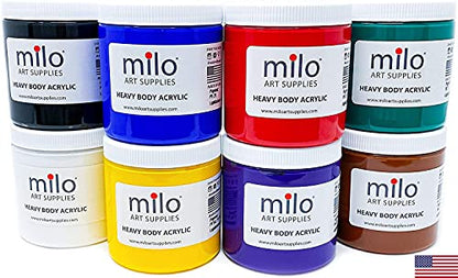 milo Acrylic Paint Set of 8 Colors | 8 ounce Jars | Heavy Body Acrylic Painting Set | Made in the USA | Non-Toxic, Holds Texture and Brush Strokes - style: Heavy Body Set 8 x 8 oz