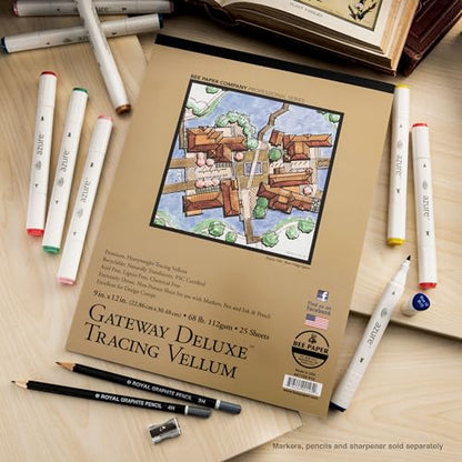 Bee Paper - 9"x 12" Gateway Deluxe Tracing Vellum Paper Pad, 25 Sheets - size: 9-inch x 12-inch, 25 Sheet Tape Bound Pad