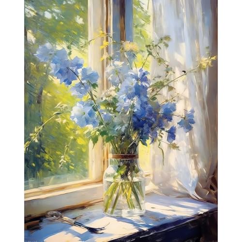 HITIRECOVI Flowers Paint by Number Adult,Windowsill Flowers Paint by Number Canvas for Adults,Paint by Numbers,DIY Canvas Paint by Numbers for Adults for Gifts Home Wall Decor 16x20inch - color: Windowsill Flowers, size: 16×20in(Frameless)
