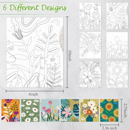 6 Pack Pre Drawn Canvas for Painting Pre Printed Canvas Kit 8 x 10 Inch Stretched Cotton Paint and Sip Set for Adults Couple Party Graduation Summer Date Night(Plants Flowers) - style: Plants Flowers