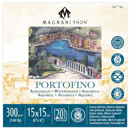 Magnani 1404 Portofino Hot Press 100% Cotton Watercolor Paper Pad, 20 Sheets, 6x6, 140 lb, Acid-Free, UV Resistant, pH-Neutral, Vegan Sized Water Color Paper for Artists, Made in Italy - size: 6x6" Pad