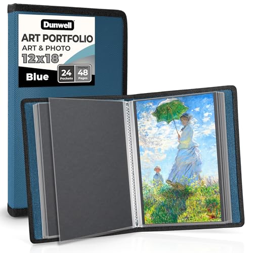 Dunwell 12x18 Art Portfolio Binder with Black Mounting Paper (Blue), Large Portfolio Folder for Artwork Storage, 24 Sleeves Display 48 Pages, 12 x 18 Presentation Book, Acid-Free Poly - color: Cobalt Blue, size: 12x18" w/ BLK Paper