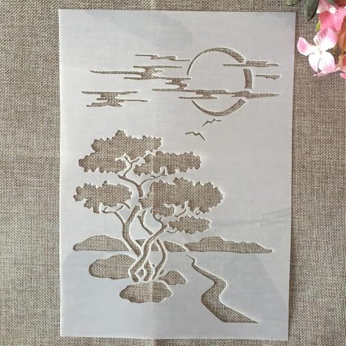 TIAMECH A4 Reusable Night Scene Stencil for Painting | Moon Road Tree Mountain Layering Template, DIY Wall Art, Wood Furniture, Scrapbook & Crafts (8.3x11.7inch) - style: Moon Road