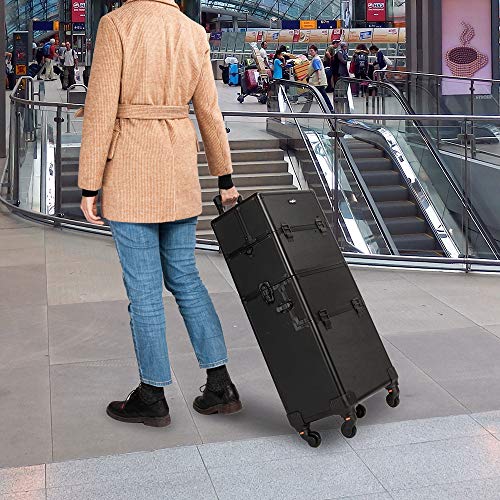 mefeir 2 in 1 Rolling Makeup Train Case Professional Cosmetic trolley on Wheels Aluminum Nail Cart Cosmetic Suitcase for professional makeup artist, Luggage Lockable w/4 Removable Wheels (Black) - color: 2IN1 Black