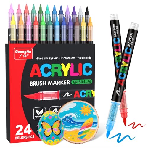 Guangna Acrylic Paint Markers Brush Tip, 24 Vivid Colors with Direct-Liquid Ink Control System, Professional-Grade Paint Pen for Rock Painting, Canvas, Glass, Plastic, Fabric, Eggs - color: Multicolor, size: 1 Count (Pack of 24)