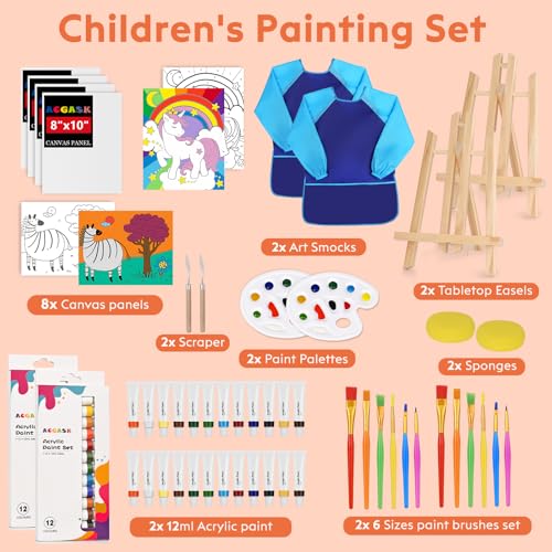 54 Pieces Acrylic Paint Set for Kids,Arts and Crafts Gifts ,Arts Supplies and Painting Kits for Kids with 8 Canvas Panels,2X 12 Paints,2 Art Smocks,2 Easels,Etc,Christmas Gifts - style: 54 PCS Painting Kits