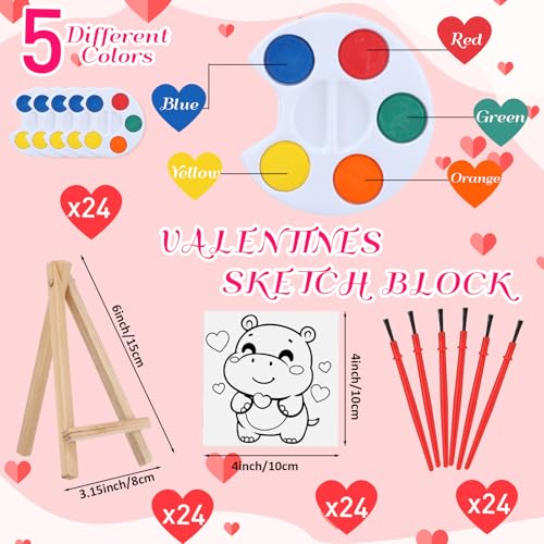 Skyygemm 24 Sets Valentines Day Gifts for Kids Valentines Cards Mini Painting Canvas Panel with Wooden Easel Watercolor Paints Brush Kit for School Classroom Exchange Gifts(Animal) - style: Animal