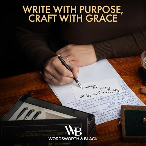 Wordsworth & Black Calligraphy Pen Gift Set, Includes Ink Bottle, 6 Cartridges, Refill Converter, 6 Replacement Nibs, Luxury Bamboo, Journaling, Smooth Writing Pens [Black Wood] - color: Black Wood