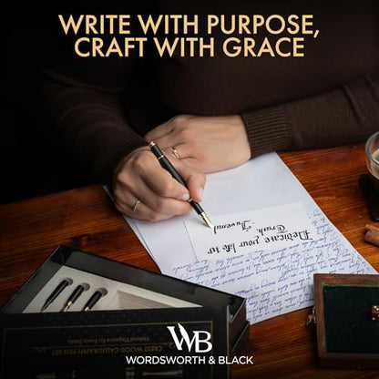 Wordsworth & Black Calligraphy Pen Gift Set, Includes Ink Bottle, 6 Cartridges, Refill Converter, 6 Replacement Nibs, Luxury Bamboo, Journaling, Smooth Writing Pens [Black Wood] - color: Black Wood