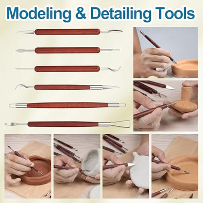 Amrules Clay Tools Kit, 6 PCS Red Wooden Clay Sculpting Tools, Double Head Practical Polymer Tool Set Suitable for Adults, Pottery Craft, Carving, Modeling and Shaping - color: Red-Sculpting-6Pcs