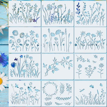 Marspark 20 Pieces Wildflower Stencils for Painting Template Flower Wall Stencils Reusable Spring Templates PET DIY Drawing for Painting on Wood Wall(Rectangular Style) - style: Rectangular Style
