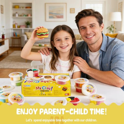 Food Clay Kit for Kids – 12 Mini Food Themes: Pizza, Burger, Fries & More | Air Dry Modeling Set with Tools & Tutorials | Non-Sticky | Creative Gift for Boys Girls 3+
