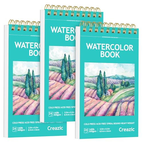 3-Pack Small Watercolor Sketchbook, 3.5" x5.5”(140lb/300g), Spiral Bound with Tear Line. Artist Water Color Paper, Portable Travel Notebook for Watercolor or Quick Sketch - Ideal for Kids & Adults - color: Teal, size: 3.5" x 5.5" Spiral Bound (pack of 3)