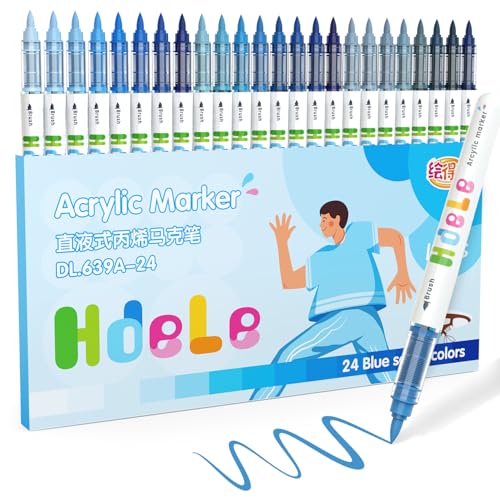 Guangna Blue Acrylic Paint Markers 24 Color, Brush Tip Acrylic Paint Pens for Pumpkin Paint, Christmas Art, Rock Painting, Wood, Glass, Ceramic, Canvas, Stone, DIY Crafts - color: 24-Blue