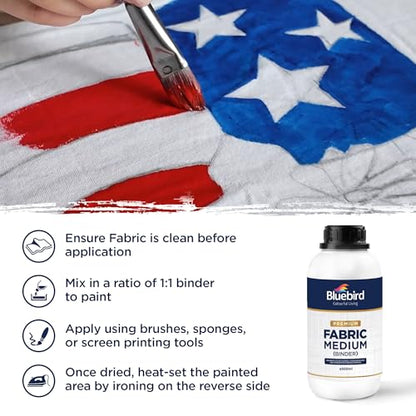 BLUEBIRD Fabric Medium - Textile Medium for Fabric Painting, Prevents Flaking, Ideal for Clothes, Accessories, and More (16.9 Fl Oz / 500 ML) - size: 16.9 Fl Oz (Pack of 1)