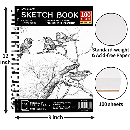 FIXSMITH 9"X12" Sketch Book | 400 Sheets (68 lb/100gsm) Sketchbook| 4 Pack (100 Sheets Each) |Acid Free Drawing Paper | Spiral Bound Sketchpad for Beginners,Artists & Professionals | Bright White - color: Black, size: 9"x12"-4 Pack