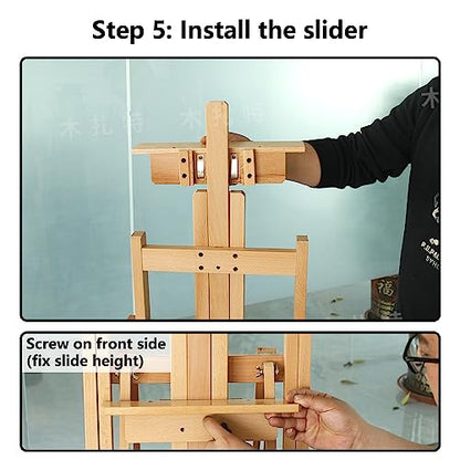 Multi-Function Studio Easel, Professional Large Studio Artist H-Frame Wood Painting Art Easel Standing, Movable Heavy Duty Flooring Adjustable Solid Wooden Beech Easel with 4 Wheels