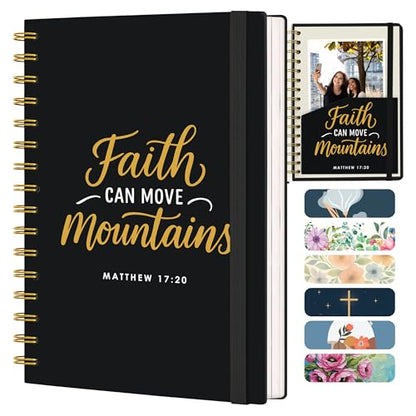 Only Zest Hardcover Blank Christian Notebook – 140 Pages - Matthew 17:20 | Lined Pages with Bible Verse Cover – Inspirational Writing Spiral Notebook for Bible Study, "Faith Can Move Mountains", Black - color: Faith_Black
