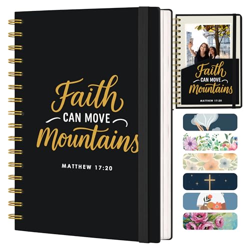 Only Zest Hardcover Blank Christian Notebook – 140 Pages - Matthew 17:20 | Lined Pages with Bible Verse Cover – Inspirational Writing Spiral Notebook for Bible Study, "Faith Can Move Mountains", Black - color: Faith_Black