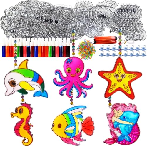 Ayhuhra 30 Sets Ocean Animals Suncatcher Crafts Under The Sea Sun Catchers Kits DIY Summer Window Paint Art for Sea Theme Party Home Decor - style: Ocean