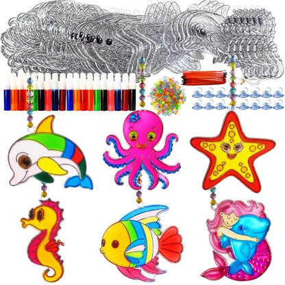Ayhuhra 30 Sets Ocean Animals Suncatcher Crafts Under The Sea Sun Catchers Kits DIY Summer Window Paint Art for Sea Theme Party Home Decor - style: Ocean