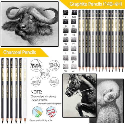MARTCOLOR Drawing Sketching Pencil Set, 26 Pieces, Graphite Pencils (14B-4H), Charcoal Pencils, Charcoal Sticks, Blending Stump, Eraser, Sharpeners, Artist Pencils for Beginners & Pro Artists