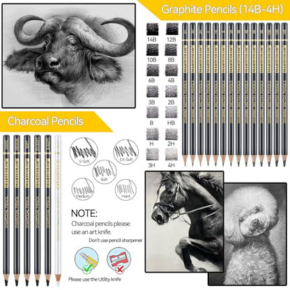 MARTCOLOR Drawing Sketching Pencil Set, 26 Pieces, Graphite Pencils (14B-4H), Charcoal Pencils, Charcoal Sticks, Blending Stump, Eraser, Sharpeners, Artist Pencils for Beginners & Pro Artists