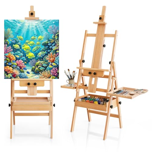 Multi-Function Large Beech Wood Art Easel for Painting, Adjustable H-Frame Wooden Painting Easel Stand for Artist Studio, Foldable Paint Easel with Storage Box, Standing Art Easel for Adults - color: Medium Natural