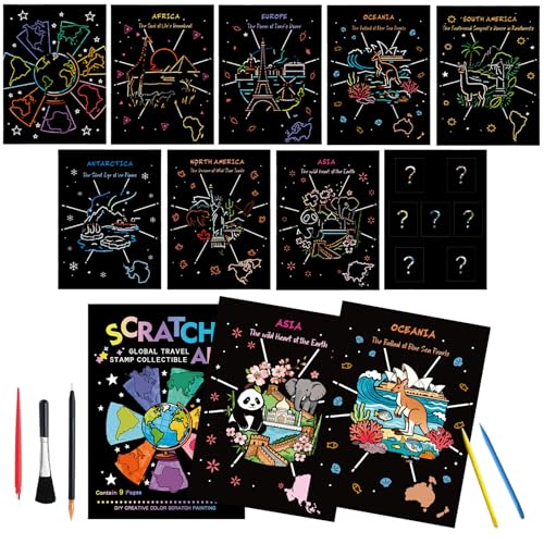 9-Piece Travel Scratch Art Collection, Black and Gold Artwork Sheets, 18.5 x 13.5 cm Scratch-Off Cards - style: Travel Stamp Collection