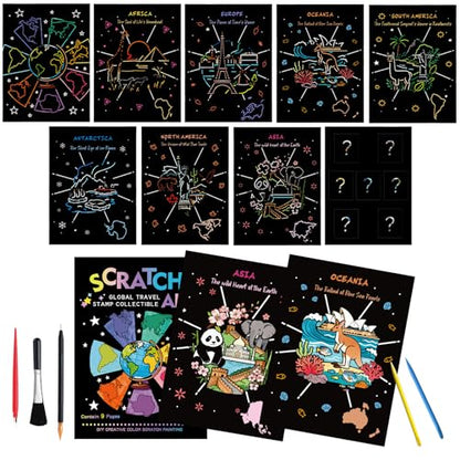9-Piece Travel Scratch Art Collection, Black and Gold Artwork Sheets, 18.5 x 13.5 cm Scratch-Off Cards - style: Travel Stamp Collection