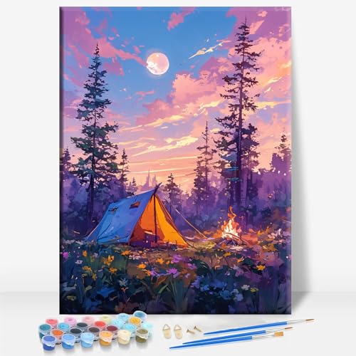 HUINORYA Camping Under The Full Moon Camping Framed Canvas DIY Paint by Numbers Kit Bar Cafe Cave Home Room Wall Bathroom Porch Patio Decor Gift, 16 x 12 Inch - color: CAMPING UNDER THE FULL MOON