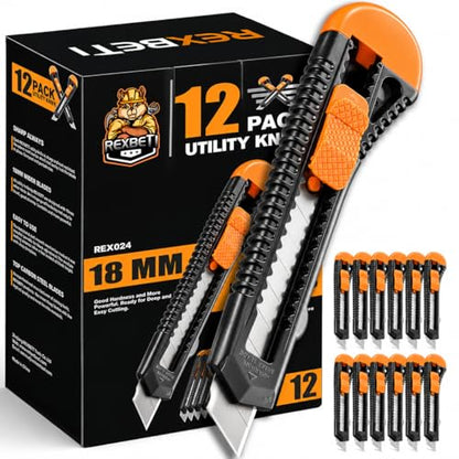 REXBETI 12-Pack Utility Knife, Retractable Box Cutter for Cartons, Cardboard and Boxes, 18mm Wider Razor Sharp Blade, Smooth Mechanism, Perfect for Office and Home use - style: 12 Pack