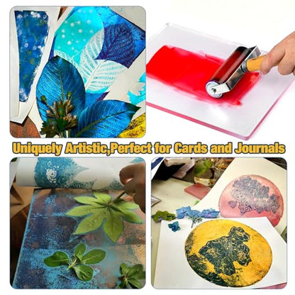 Funria Gel Printing Plate Kit with 8" X 10" Reusable Gel Printing Plate, Printing Paper, Baren, Stencils, Rubber Roller, Crafts Printmaking Supplies for Mixed Media Art Monoprinting Card Making - color: 4PC