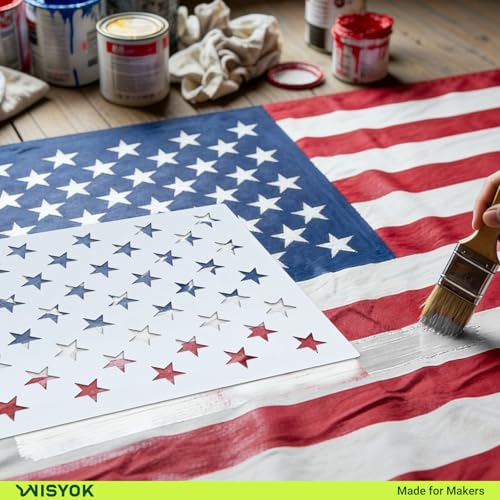 WISYOK 4Pcs American Flag 50 Star Stencil Templates, 4 Sizes American Flag Templates, Ideal for DIY Crafts Design, Independence Day Project, American Flag Projects