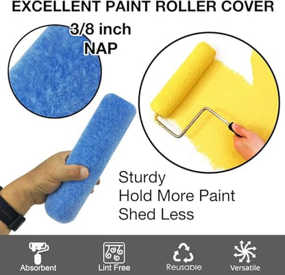 Great Andrew 3 Pack Paint Roller Covers 9 Inch 3/8-Inch Nap, Dense Fibers Large Paint Roller Kit for Painting Textured Smooth Rough Surfaces Walls Floors House - size: 3pcs, 9", Blue