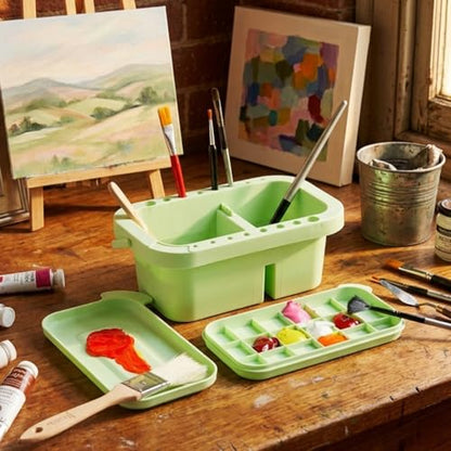 SEVENY Paint Brush Washer Basin with Lid, Green | Artist Brush Cleaning Container, Includes Sponges, For Oil Painting, Acrylic, Watercolor, Studio Organizer - color: Green