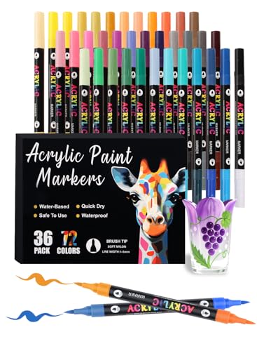 Brled 72 Colors Acrylic Paint Markers with 36 Dual-Color Brush Tips, Double Tips Acrylic Paint Pens for Rocks, Eggs, Wood, Rock, Canvas, Plastic, Glass, Ceramic - color: 36 Pack 72 Colors